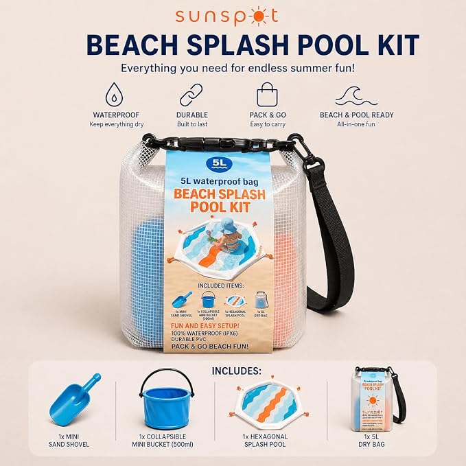 SUNSPOT 5ft Kids Beach Pool – Portable In-Ground Sand Liner with 8 Anchors, Fun Filling Bucket & Travel Carry Bag. The Ultimate Pop-Up Wading Splash Pool for Toddlers and Infants (Funky Waves)