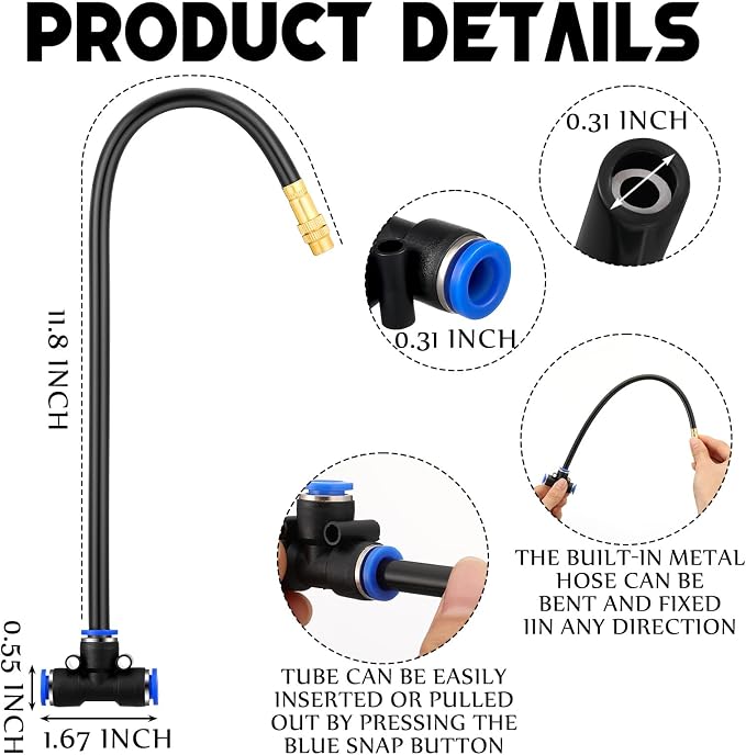 Zonon 10 Pcs Brass Misting Nozzles Tee with 12" Built in Hose for 0.32"/8 mm Tubing 360 Degree Rotation Adjustable Water Mister Nozzle Thread Sprayer Misting Part Accessories for Patio Outdoor Cooling