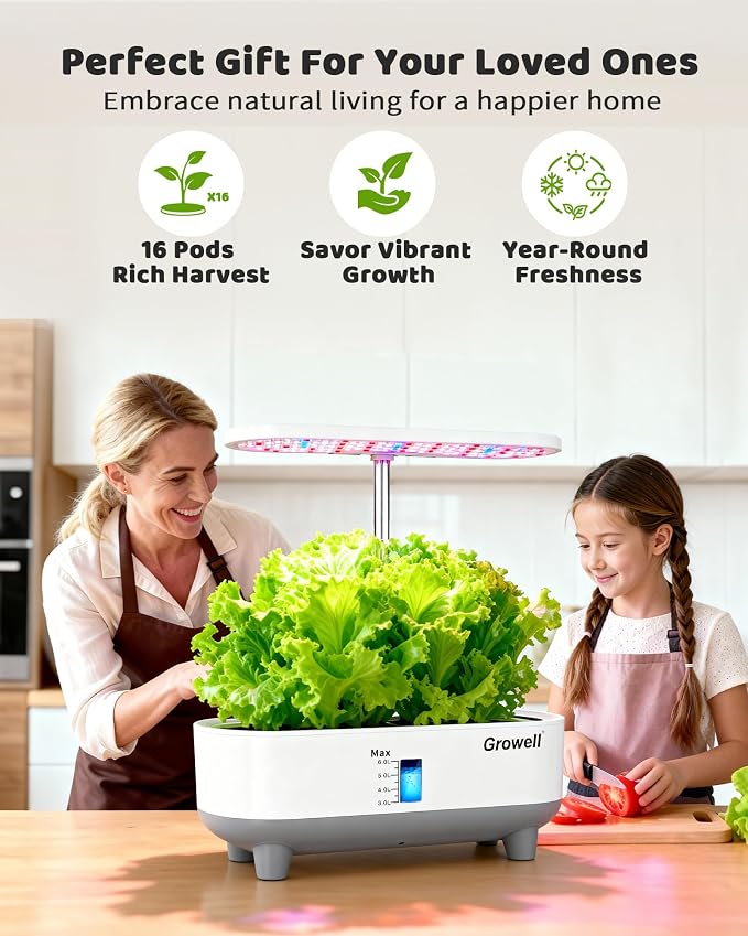 Growell 16 Pods Hydroponics Growing System Kit with 3 Light Modes & 2 Timer | Smart Water Circulation, LED Grow Light, 8L Large Water Tank, Coutertop, Indoor Herb Garden, Perfect Gardening Gifts, White