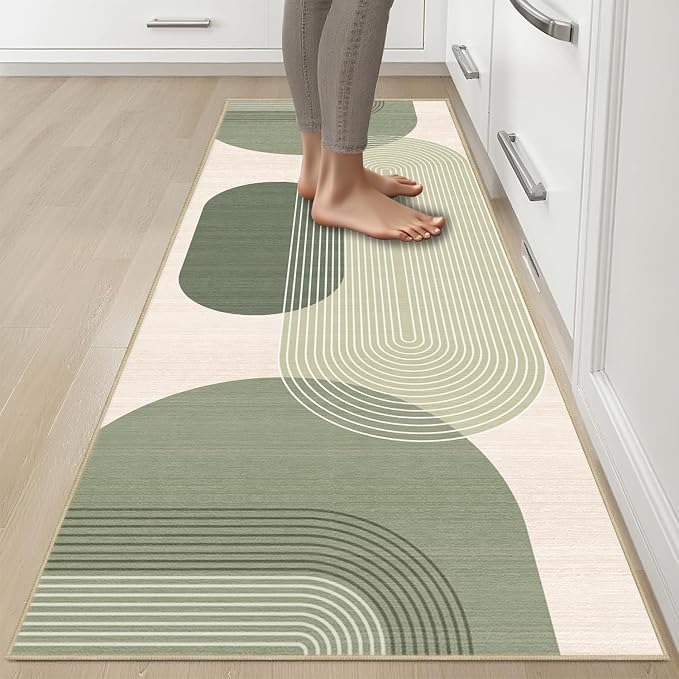 Boho Runner Rug 2x6 for Hallway Kitchen Bedroom,Bohemian Runner Rugs Washable Modern Geometric Rug Non-Slip Printed Low Pile Long Floor Carpet Mat for Bedroom Laundry,Green