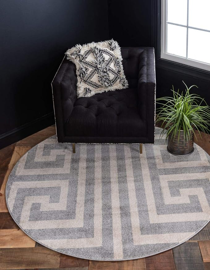 Unique Loom Athens Collection Classic Geometric Modern Border Design Area Rug (8' 0 x 8' 0 Round, Gray/ Beige)