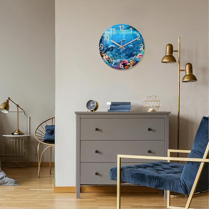 XFM Blue Ocean Wall Clock 12 Inch Round Silent Wall Clocks Battery Operated Nautical Themed Dolphin Tropical Decorative Clock for Living Room Bathroom Decor