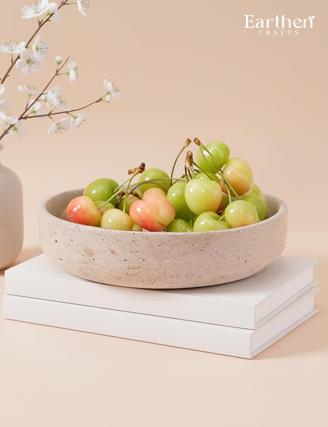 Marble Decorative Bowl 8" Inches Travertine Key Bowl for Entryway Natural Stone Fruit Bowl For Kitchen Counter, Serving Bowl For Coffee Table, Modern Home Centerpiece Decor