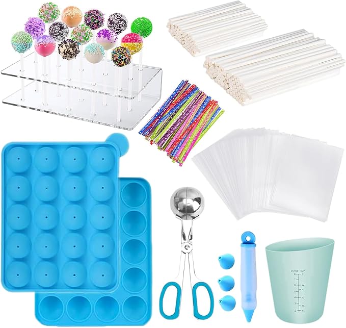 606Pcs Cake Pop Kit,Silicone Lollipop Molds Including Lollipop Sticks,Measuring Cup,Treat Bags,Twist Ties,Decorating Pen,Meat Baller with Handles,Round Mold,Lollipop, Candy,Display Stand Holder(Blue)