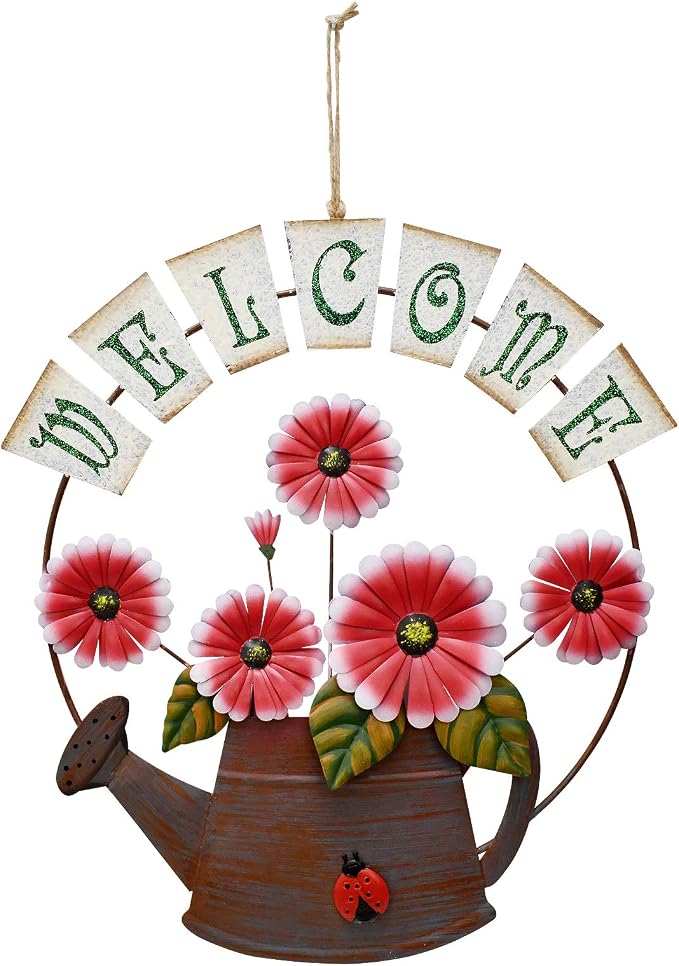 Metal Flower Welcome Sign Garden Decor Decorative Wall Hanging Plaque Sign Flower Decor Garden Hanging Welcome Sign Home Porch Door Decoration (Daisy flower)