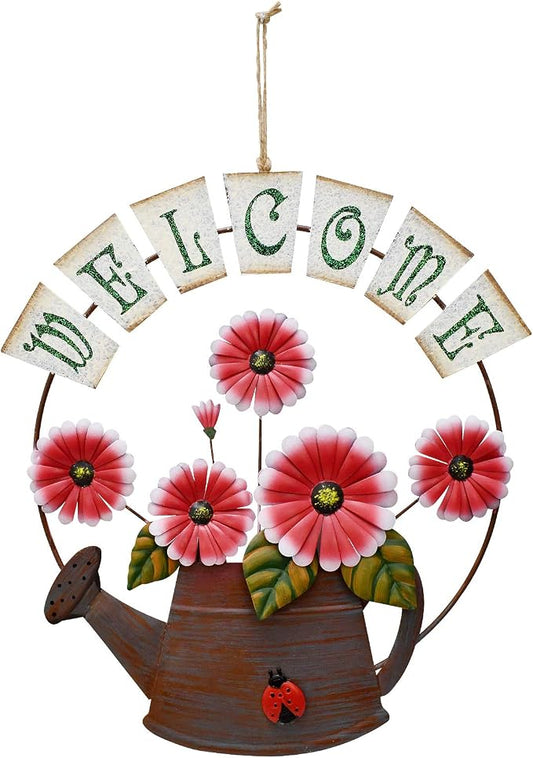 Metal Flower Welcome Sign Garden Decor Decorative Wall Hanging Plaque Sign Flower Decor Garden Hanging Welcome Sign Home Porch Door Decoration (Daisy flower)