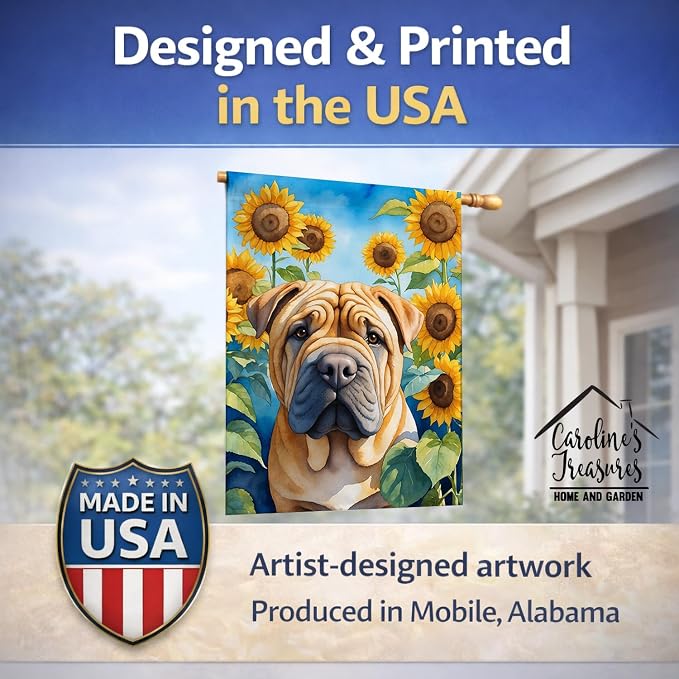 Caroline's Treasures DAC6159CHF Shar Pei in Sunflowers House Flag Large Porch Sleeve Pole Decorative Outside Yard Banner Artwork Wall Hanging, Polyester, House Size, Multicolor