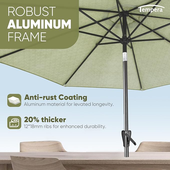 Tempera Patio Market Outdoor Table Umbrella with Push Button Tilt and Crank, Large Sun Umbrella with Sturdy Pole & Fade Resistant Canopy, Easy to Set