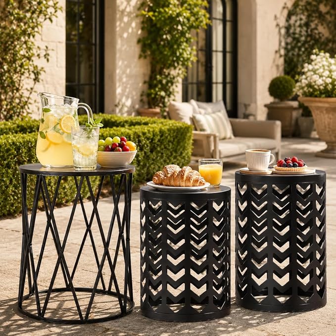 Y&M Outdoor Side Tables Set of 3, Indoor Outdoor Round Metal Accent Tables, Nesting End Coffee Tables for Patio, Porch, Balcony, Garden, Sunroom and Living Room, Black
