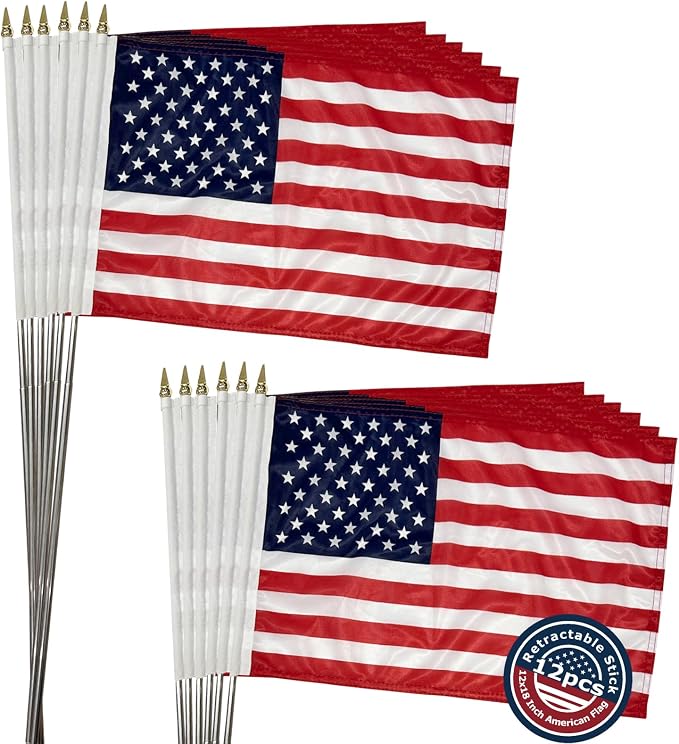 12x18 inch Small American Flag on Stick 12 Pcs for 250th Anniversary, Mini Hand Held US USA Flags with Retractable Stainless Steel Pole for Outside Yard 4th of July Decorations