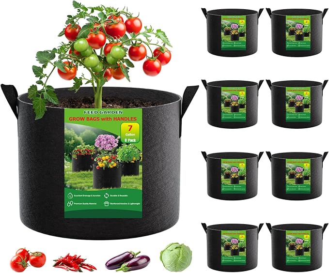 FEED GARDEN 7 Gallon Grow Bags 8 Pack – 300G Thickened Fabric Plant Pots with Reinforced Handles, Breathable Drainage Planters for Vegetables, Flowers & Herbs Indoor Outdoor