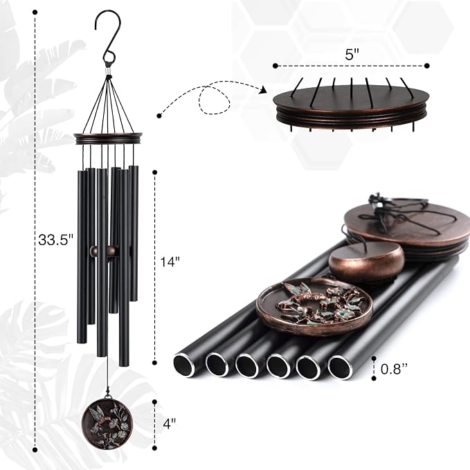 Vanquer Vintage Wind Chimes for Outside Deep Tone - 34'' Wind Chimes Outdoor Clearance, Windchimes Outdoors, Memorial Wind Chimes, Sympathy Gift, Patio, Home Décor, Vintage Black (34" Hummingbird - A)