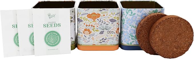 Buzzy Seeds Herbal Tea Garden Grow Kit 3-Pack - Metal Windowsill Planter - Complete Indoor/Outdoor Gardening Kit with Seeds, Coconut Husk Growing Medium & Genuine Pots - 100% Grow Guarantee
