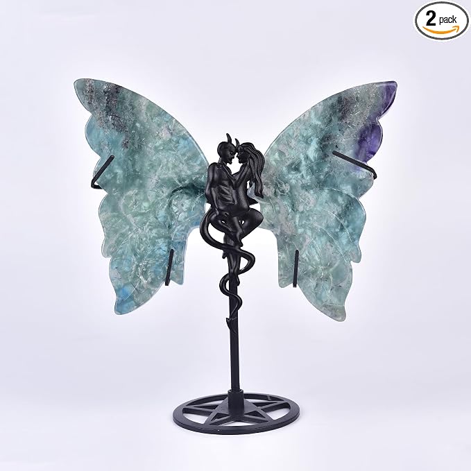 JIC Gem Large Amazing Gemstone Feather Fluorite Crystal Butterfly Art Decorative Healing Crystal Slices Carved Angel Wings with Stand Office Home Decor Reiki Crystal Gifts (1pair, 17-18cm)