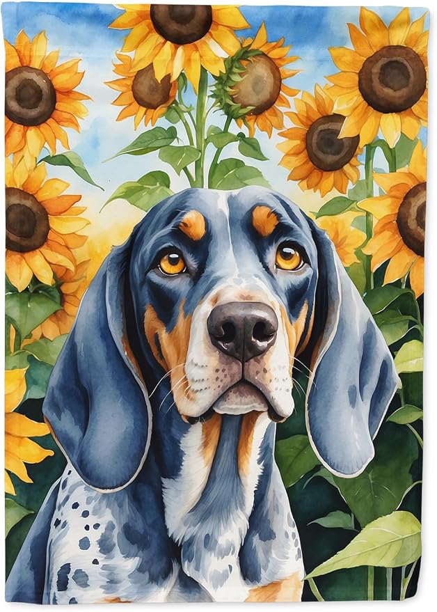 Caroline's Treasures DAC6030CHF Bluetick Coonhound in Sunflowers House Flag Large Porch Sleeve Pole Decorative Outside Yard Banner Artwork Wall Hanging, Polyester, House Size, Multicolor