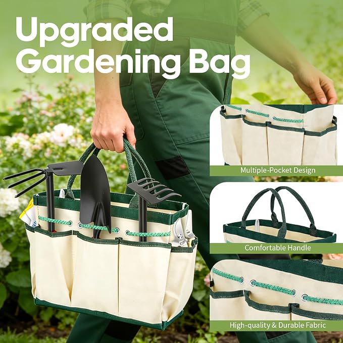 Gardening Tools, Garden Hand Tools for Gardening, with Non-Slip Rubber Grip, Gloves & Storage Tote Bag, 10Pcs Gardening Accessories Set Kit Gifts for Men Women