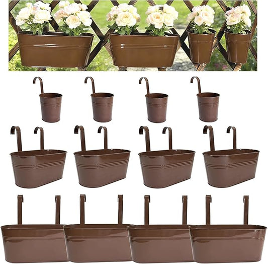 Set of 12 Balcony Hanging Planters, 4 Pcs 17" Metal Railing Flower Pots & 4 Pcs 12" Deck Planter & 4 Pcs 4" Fence Pot for Outdoor Patio Garden Décor, Chocolate
