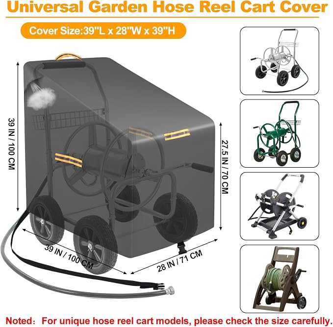 Hose Reel Cart Covers for Outside,Heavy Duty 420D Hosepipes Cover for Garden with Air Vent,Waterproof Strip,2 Reflective Strip Handles,Univeral Protective Hose Holder Cover,All Season Protection