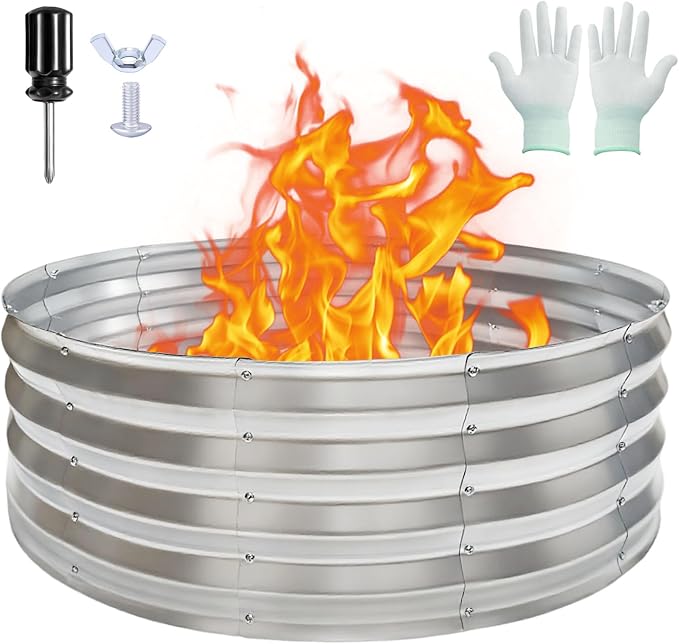36 Inch Round Fire Pit Ring, Heavy-Duty Galvanized Steel Fire Ring for Outdoor Bonfires, Backyard & Camping, Rust-Resistant & Easy Assembly (3×3×1 FT)