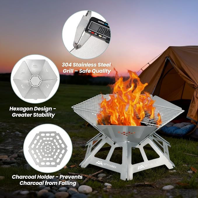 21" Portable Outdoor Fire Pit with Charcoal Grill Net & Storage Bag | 0.8mm Thick Stainless Steel, For Patio, Backyard BBQ, Camping & Beach Bonfires