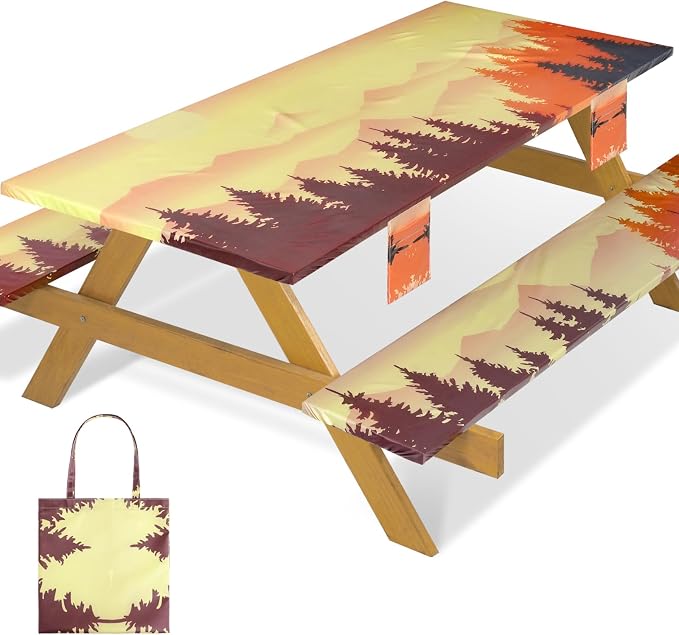 Fitted Waterproof Picnic Table Cover with Bench Covers Elastic Reusable Camping Table Cloths for 8Ft Rectangle Tables Summer Camp Motorhome Party Gear Outdoors Car Travel Trailer Gadgets Gift
