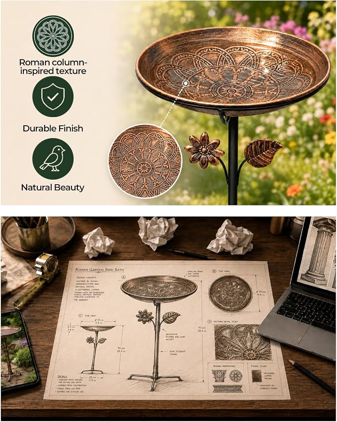 13" Metal Bird Bath for Outside | Rust-Resistant Outdoor Birdbath Bowl with Stake | Adjustable Height Garden Bird Bath, Removable Bowl,Easy to Clean for Yard Lawn Decor