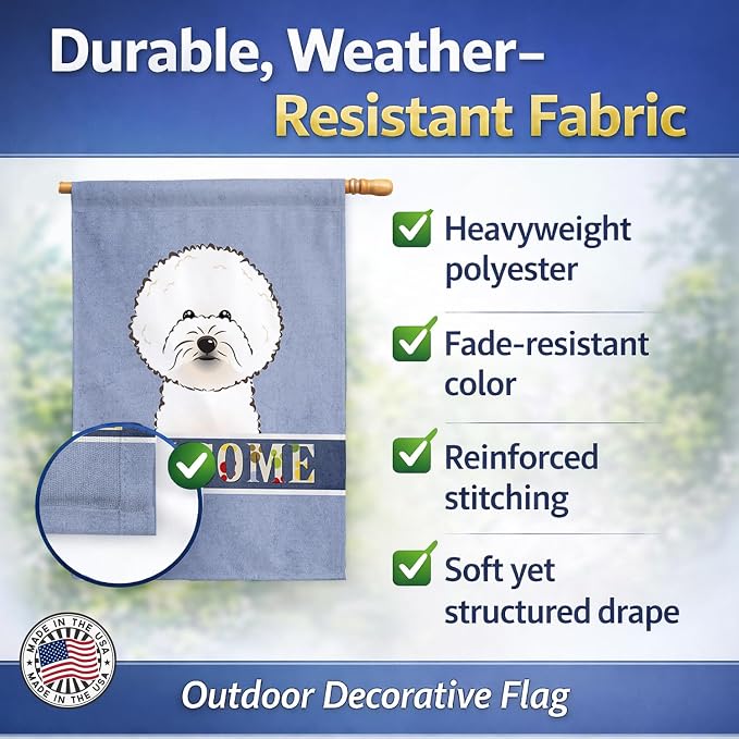 Caroline's Treasures BB1403CHF Bichon Frise Welcome House Flag, Blue Large Porch Sleeve Pole Decorative Outside Yard Banner Artwork Wall Hanging, Polyester, House Size, Multicolor