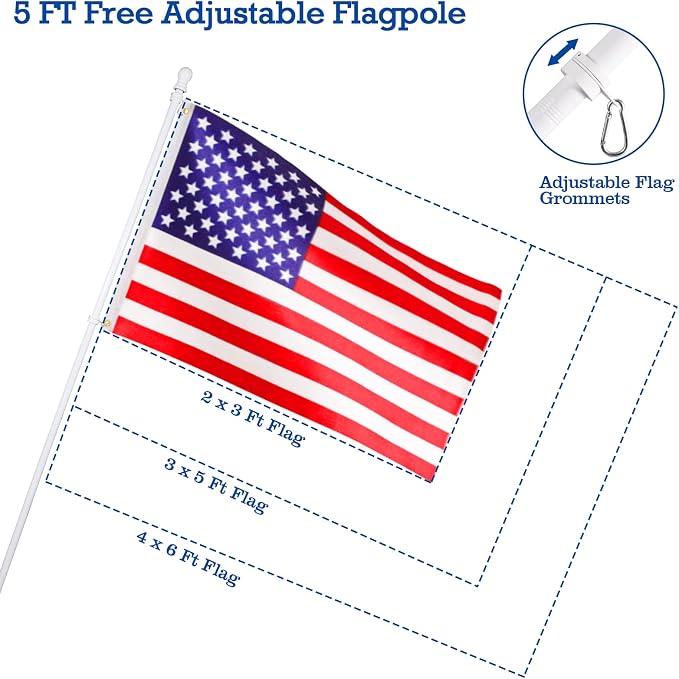 BONWIN White Flag Pole Kit for House, 5FT Thickened Stainless Steel Outside Wall Mount Flagpole for 3x5' Flag, 1" Tangle Free Rotating Flag Pole Rings & 2-Position Bracket Holder for Porch Residential