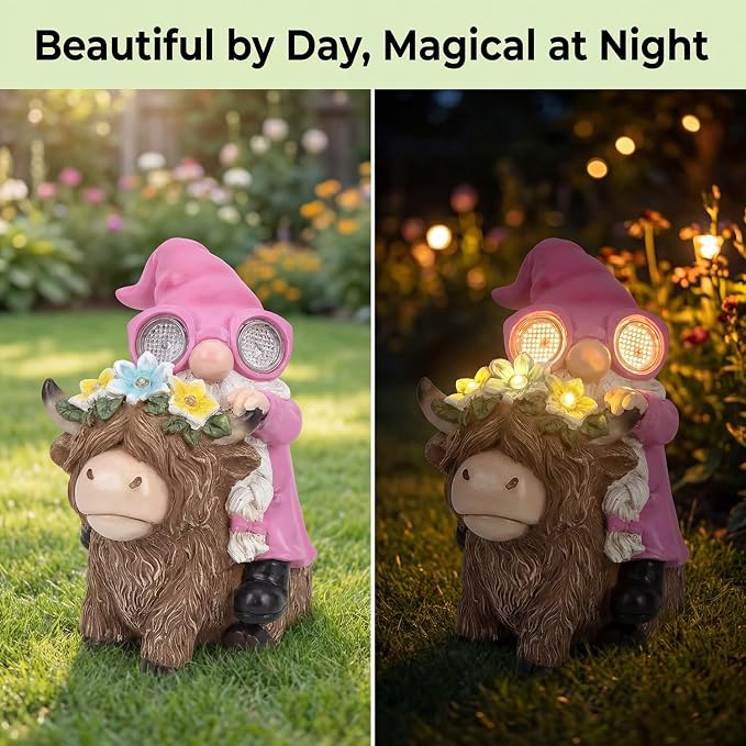 iStatue Solar Highland Cow Garden Statue with Animated LED Goggles - 8.7" Resin Gnome Figurine Moving Pixel Matrix Eyes Unique for Mom Women (Pink)