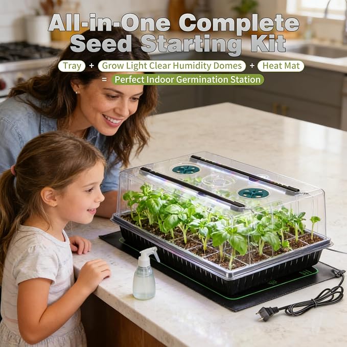 60 Cell Seed Starter Tray Kit with Grow Light, 3.8" Humidity Dome and 20.47" Heat Mat - Indoor Seed Germination Station for Faster Planting, Complete Gardening Kit for Vegetables, Herbs, Microgreens