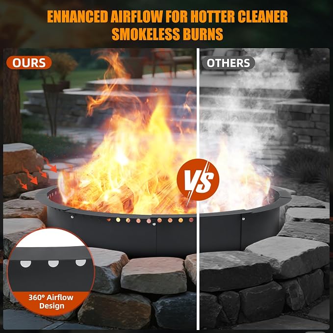 36 Inch Smokeless Fire Pit Ring, Heavy Duty Steel Fire Pit Ring Insert with Air Vent Design, 40 Inch Outer Diameter Round Fire Ring for Outdoor Wood Burning, Backyard, Patio, Garden & Camping