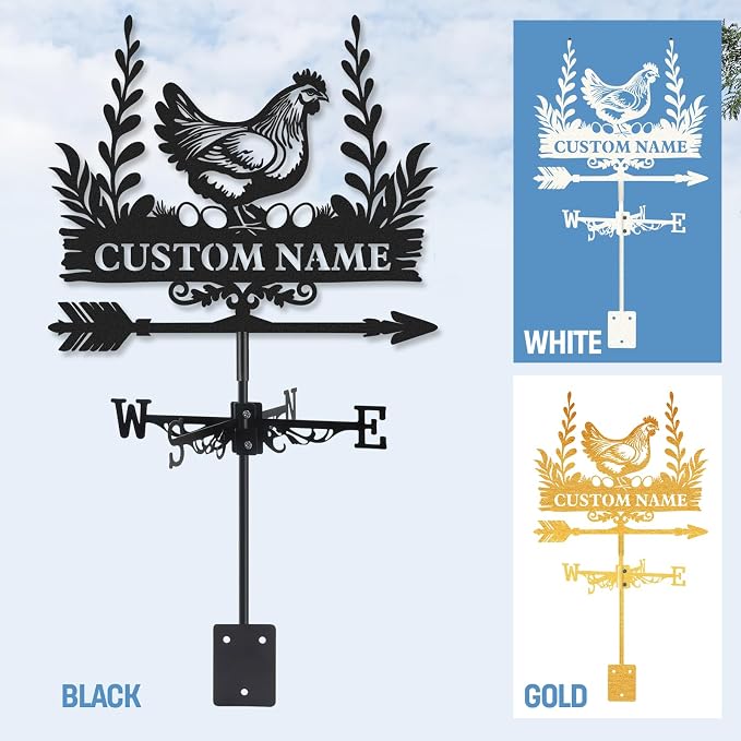 Personalized Metal Weather Vane, Custom Name Weathervane, Chicken Coop Signs, Weather Vanes for Outside, Wind Vanes for Farmhouse Yard Shed Decor, Housewarming Gifts Color02
