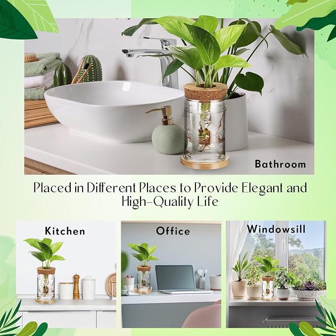 Baderke 9 Packs Propagation Vases for Plants Plastic Plant Propagation Station with Hole Lid and Bamboo Stand Growing in Water Hydroponic Home Office Table Decoration(Classic Style)