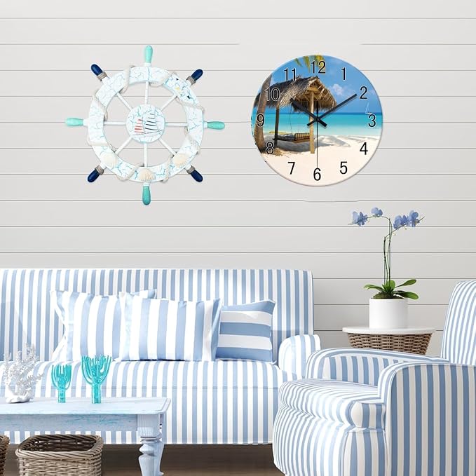 XFM Beach Wall Clock 14 Inch Blue Glass | Battery Operated Silent Non Ticking Hawaii Summer Tropical Coastal Decorative for Living Room Kitchen Bedroom Office