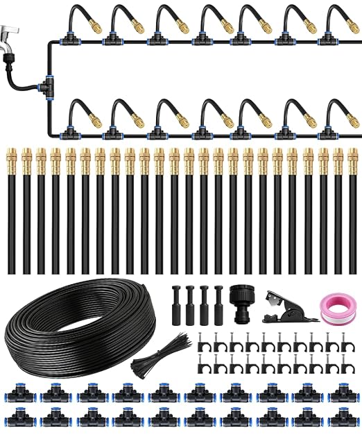 32FT 5/16" Misting Irrigation System for Garden with 10 Adjustable Nozzles | 360° Bendable Copper Nozzles, Quick Connect, Steady Flow, UV-Resistant PE Tubing & Accessories, Garden Beds& Greenhouse