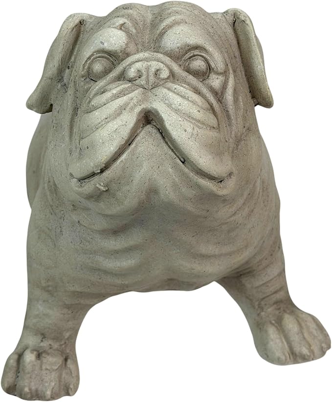 Zeckos Bulldog Planter, Antique Stone Finish Magnesium Oxide Freestanding Dog Planter, 11 Inch Tall Decorative MGO Animal Planter with Drain Hole for Indoor Display and Decor