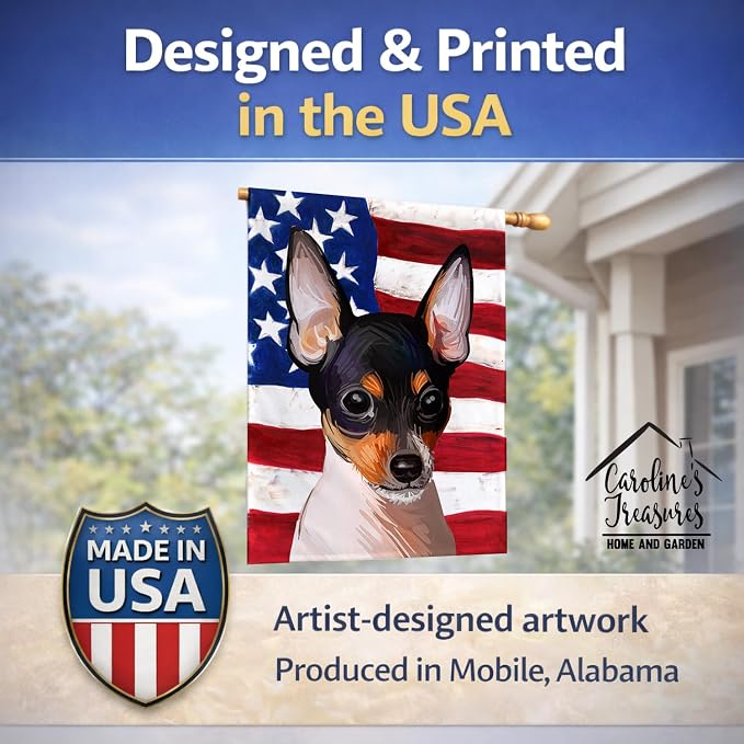 Caroline's Treasures CK6742CHF Toy Fox Terrier American Flag House Flag Large Porch Sleeve Pole Decorative Outside Yard Banner Artwork Wall Hanging, Polyester, House Size, Multicolor
