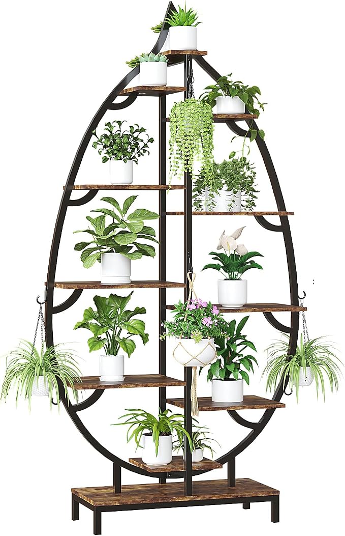 VINGLI Plant Stand Indoor with Grow Lights, 63" Tall 10-Tier Leaf-Shaped Metal Plant Shelf with 5 LED Light Strips, Large Tiered Indoor Plant Stands for Multiple Plants, Modern Decorative Plant Rack for Living Room Balcony, Black