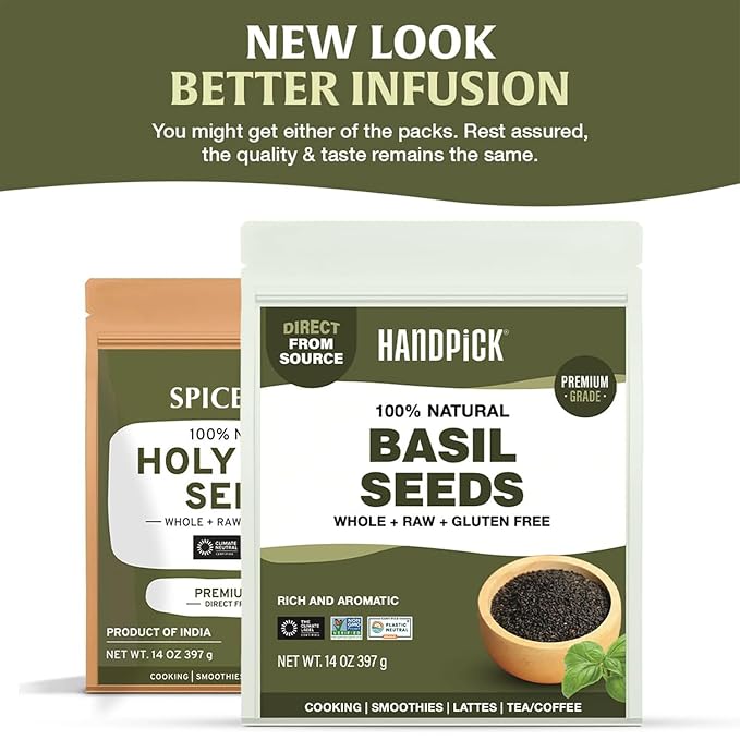 HANDPICK Holy Basil Seeds (397g/14oz) | 2x More Fiber than Chia | Edible Basil Seeds, Gluten free, Raw Sabja, Tukmaria Seeds | Prebiotic | Packed in Resealable Zip Lock Pouch (Packaging may vary)