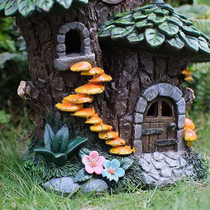 Solar Garden Tree Fairy House Outdoor Statues Yard Resin Decoration Gift Handmade Housewarming Gift for Patio Yard Lawn Waterproof Cracking