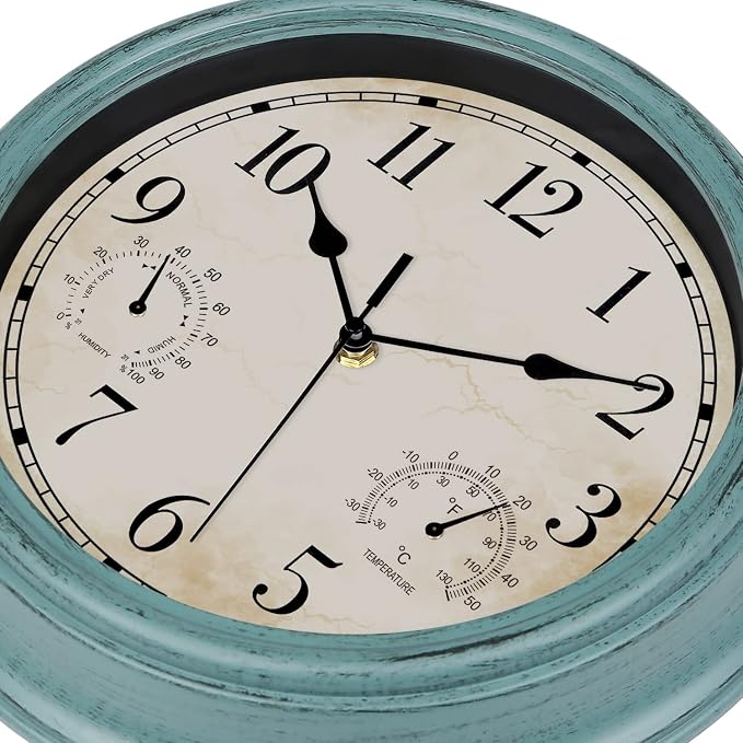 12 Inch Indoor Outdoor Retro Waterproof Wall Clock with Thermometer and Hygrometer, Battery Operated Quartz Round Wall Clock Silent Non Ticking Home Decor,Green