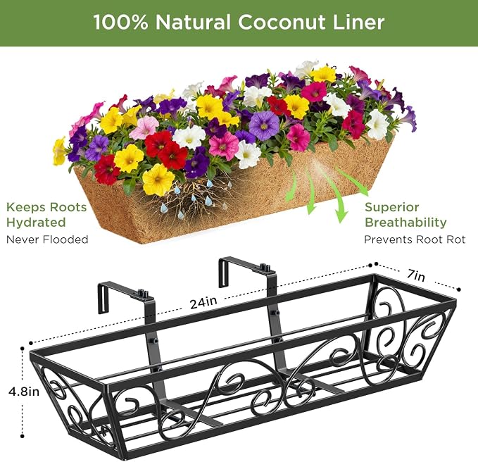 Y&M Railing Planter Boxes 24 Inch-4 Pcs, Adjustable Hanging Planters for Railing with Coco Liner, Heavy Duty Window Box Planters for Balcony, Deck, Porch, Patio
