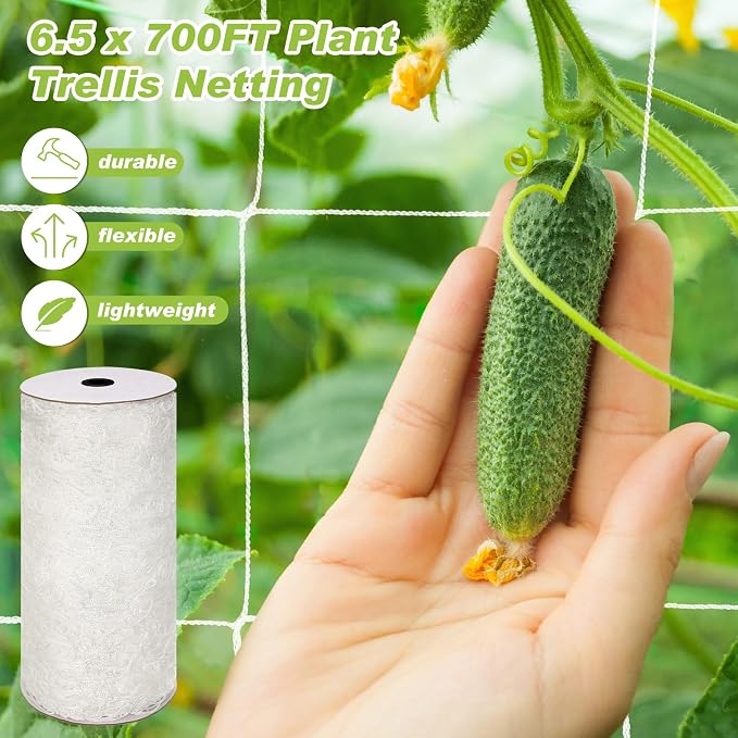 Berlune 6.5 x 700 ft Trellis Netting Roll Heavy Duty Nylon Garden Trellis Netting with 6 Inch Mesh Soft Plant Support Net for Climbing Plants, Grape Racks, Growing Support Bean, Pea, Tomatoes