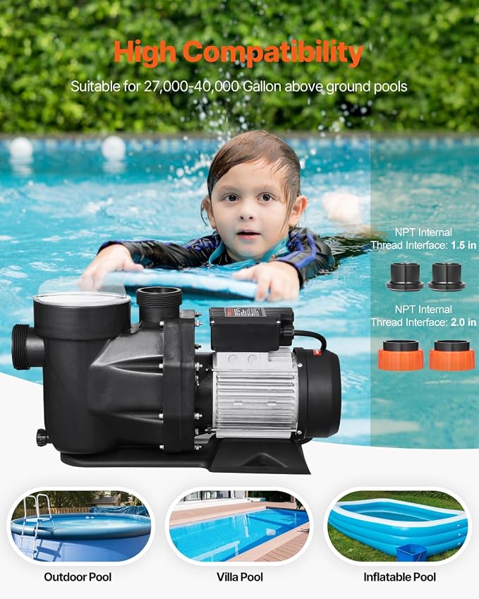 VEVOR Above Ground Pool Pump, 3 HP, 149 GPM Max Flow Single Speed Swimming Pool Pump, 220V 3450 RPM 42 ft Max Head Lift with PP Shell Strainer Basket, 122°F Max Water Temp, for Hot Tubs Spas, No Plug