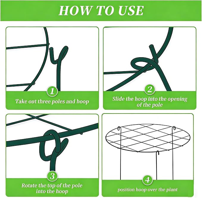 MTB Supply 10 Pack 16 x 24 inch Green Peony Cages Grow Through Plant Support Stakes Flower Support Hoops Heavy Plants Brace Rings