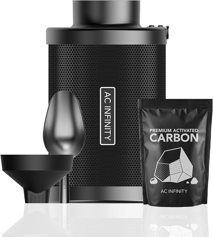 AC Infinity Refillable Carbon Filter Kit 4” with Additional Refill. | Odor Removal Air Scrubber For 4" Inline Fan and Ducting, Reusable Charcoal Filter for Grow Tent Grow Room Hydroponics