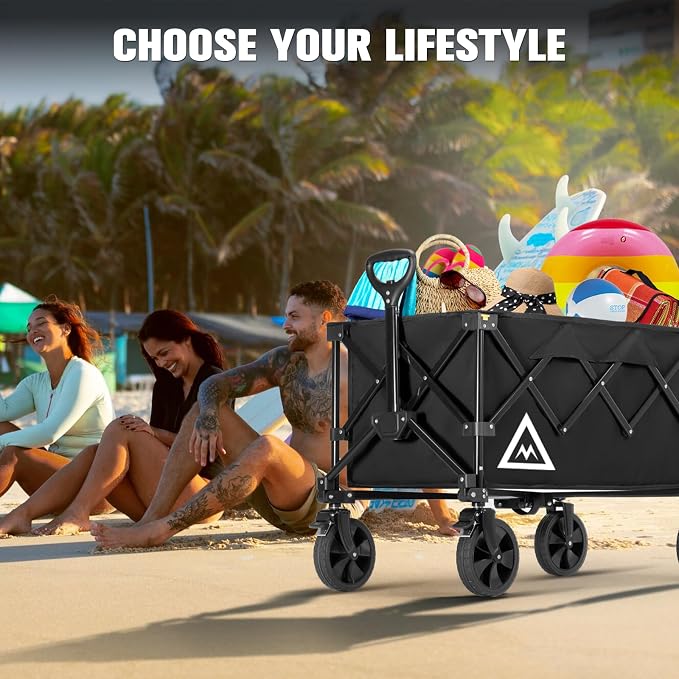 Wagon Cart Shopping Cart Large Capacity Collapsible Wagon with Wheels On Beach Garden Outdoor Utility Carts for Grocery All Terrain Portable Wagons Carts for Groceries Sand Camping Sports Black