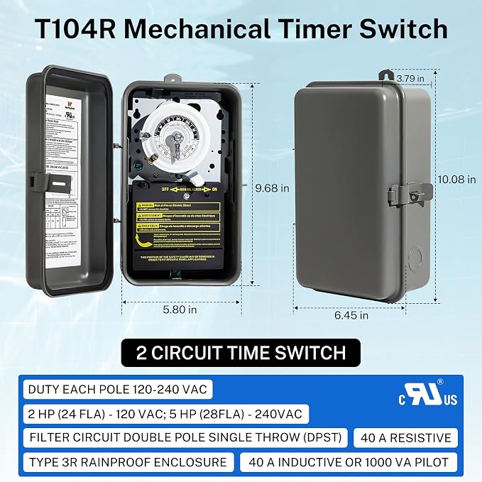 T104R 24-Hour Mechanical Timer Switch, DPST, 3R Rainproof Metal Enclosure, Heavy Duty Timer for Lighting, Pool Pumps, Commercial Defrost Systems