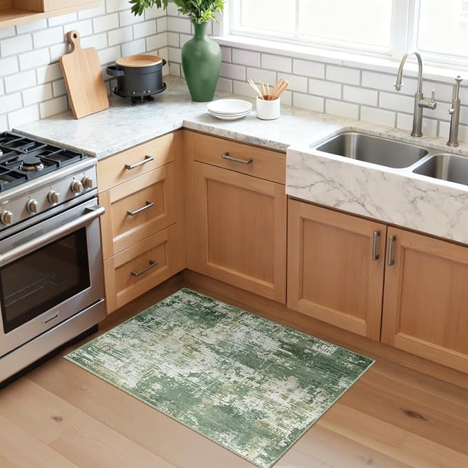 RELEANY Washable 2'x3' Abstract Area Rug for Living Room Light Green | Carpet for Bedroom, Kitchen, Office, Hallway and Entryway, Printed Pattern, Non‑Slip, Soft, Stain‑Resistant, Easy to Clean
