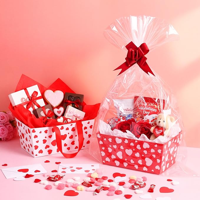 Qinyoung 12 Pack Valentine's Day Baskets for Gifts Empty Red White Heart Gift Basket with Handles, Pull Bows, Cellophane Bags and Twist Ties for Valentine Party Favor Supplies, 9.8 x 6.5 Inch
